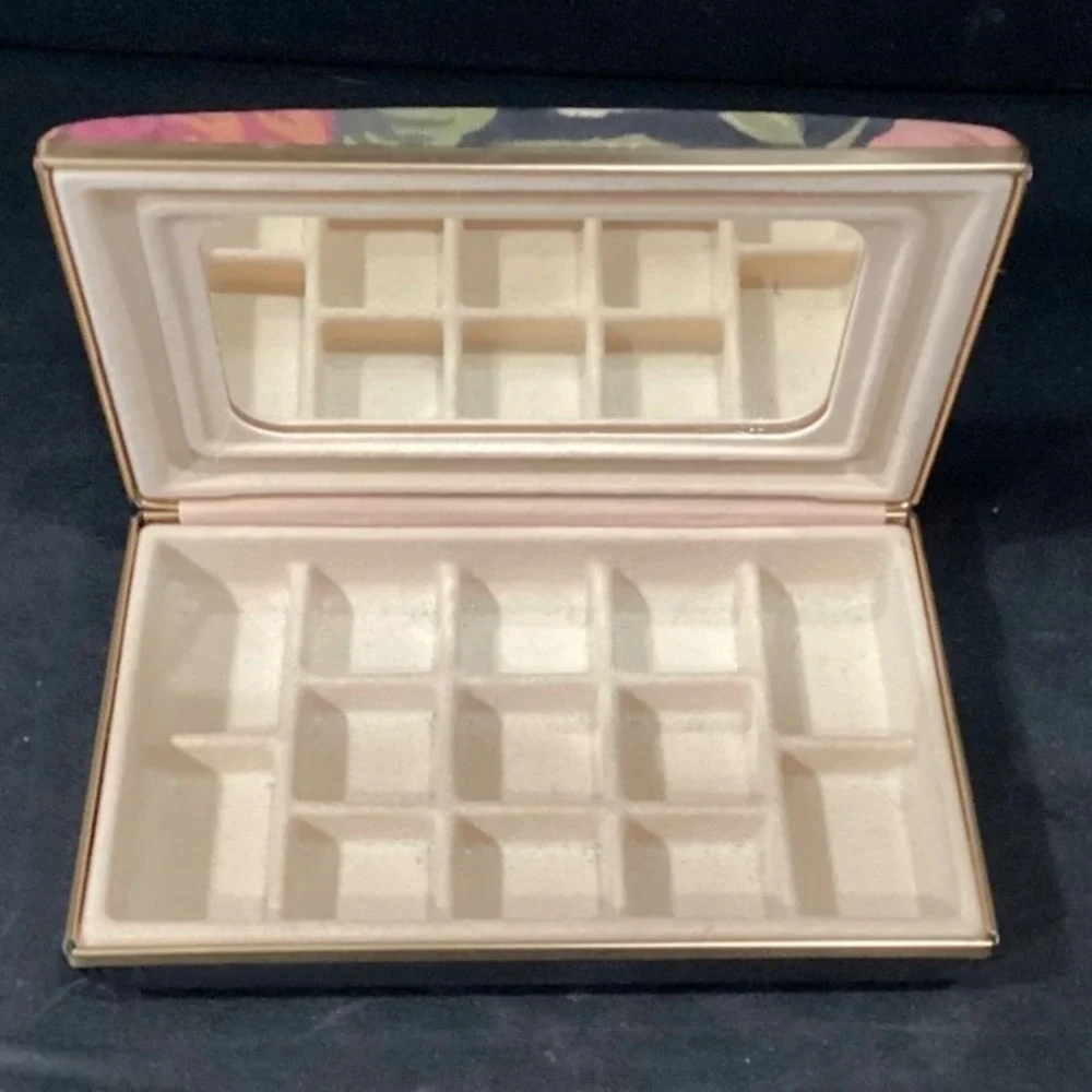 Floral Tapestry Jewelry Travel Case Mirror‎ Multi Compartment Gold Tone Vintage